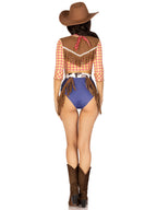 5 PC Playful Cowboy, includes tie front crop top with fringe detail, high waist bottoms, belt with fringe accent, pin on sheriff