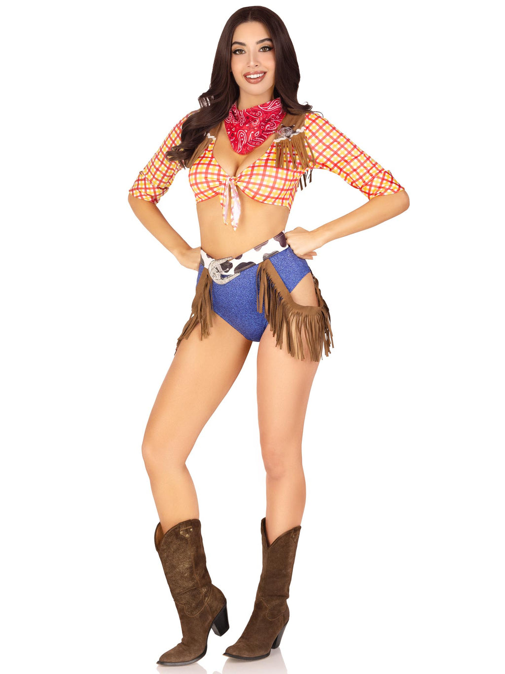 5 PC Playful Cowboy, includes tie front crop top with fringe detail, high waist bottoms, belt with fringe accent, pin on sheriff