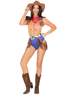 5 PC Playful Cowboy, includes tie front crop top with fringe detail, high waist bottoms, belt with fringe accent, pin on sheriff