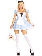 3 PC Storybook Alice, includes stretch twill lace up apron dress with built in petticoat, pin on back bow, and bow headband.
