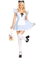 3 PC Storybook Alice, includes stretch twill lace up apron dress with built in petticoat, pin on back bow, and bow headband.