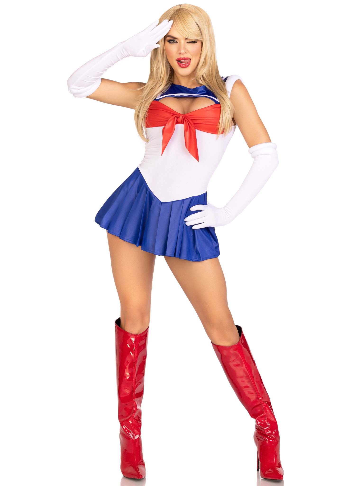3 PC Sexy Sailor, includes snap crotch bodysuit with pleated skirt, pin on back bow, and gloves.