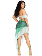 3 PC Spellbound Mermaid, includes pearl halter iridescent bra top with chiffon ruffle sleeve, asymmetrical skirt with pearl wais