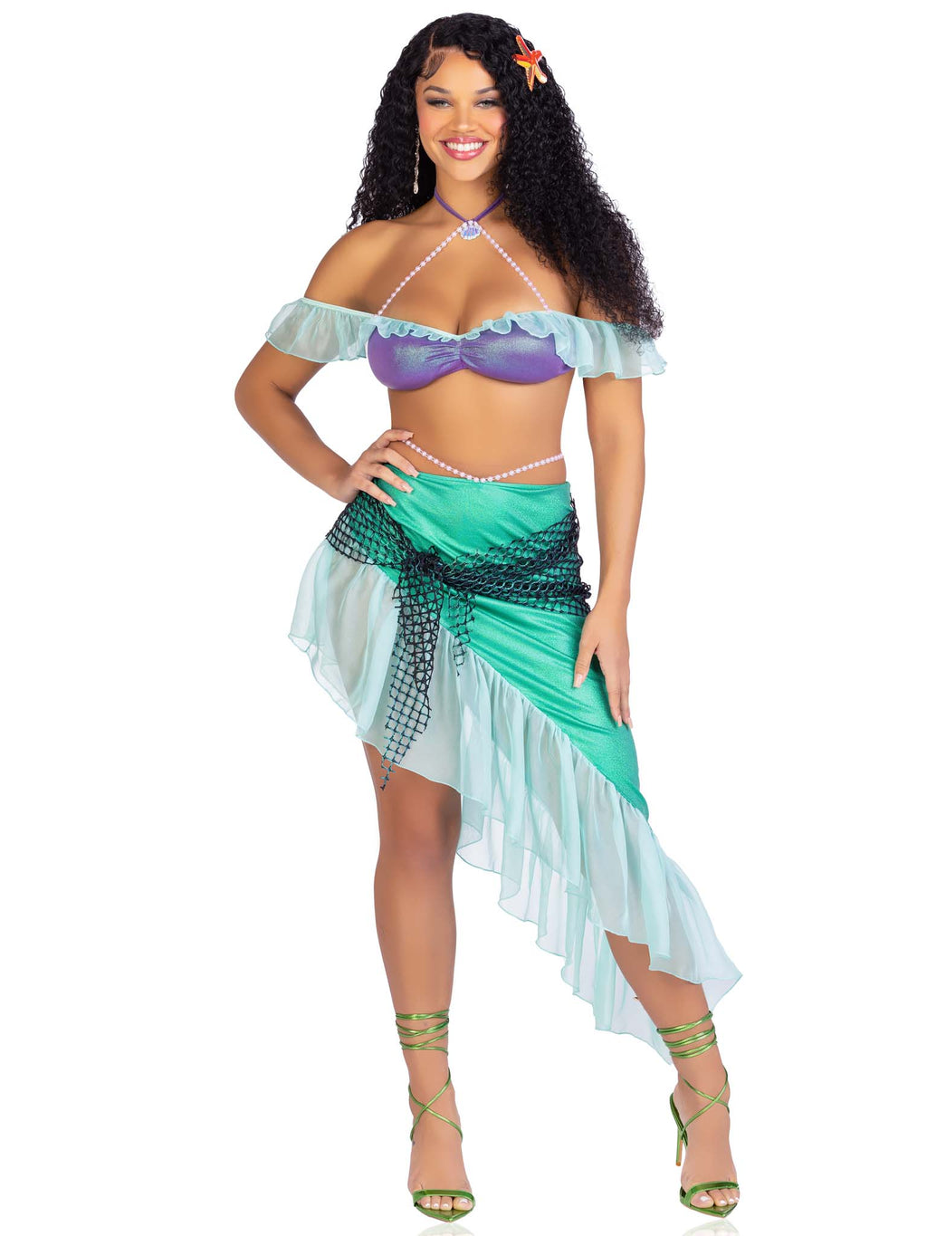 3 PC Spellbound Mermaid, includes pearl halter iridescent bra top with chiffon ruffle sleeve, asymmetrical skirt with pearl wais
