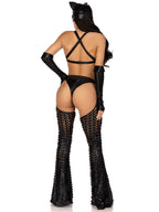 3 PC Mistress Kitty, includes strappy cut out bodysuit with padded bra top and ruched back bottoms, attached belted laser cut ch