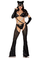 3 PC Mistress Kitty, includes strappy cut out bodysuit with padded bra top and ruched back bottoms, attached belted laser cut ch