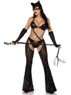 3 PC Mistress Kitty, includes strappy cut out bodysuit with padded bra top and ruched back bottoms, attached belted laser cut ch