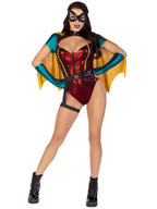 5 PC Sultry Sidekick, includes shimmer zip up bodysuit, detachable cape, belt with attached garter, gloves, and face mask.