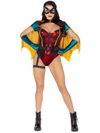 5 PC Sultry Sidekick, includes shimmer zip up bodysuit, detachable cape, belt with attached garter, gloves, and face mask.