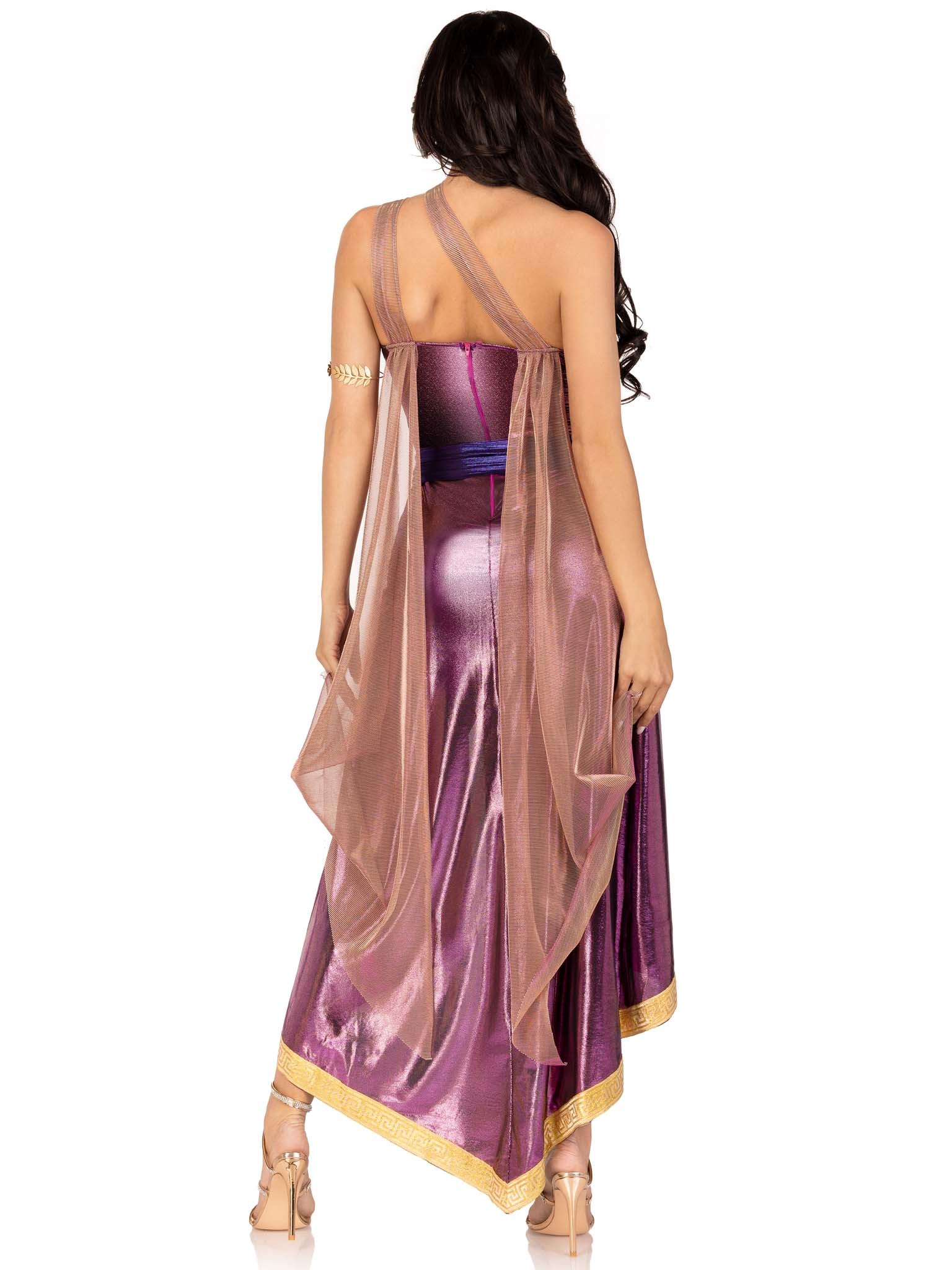 3 PC Amethyst Goddess, includes asymmetrical shimmer dress with one-shoulder buckle accent and ribbon trim, attached iridescent