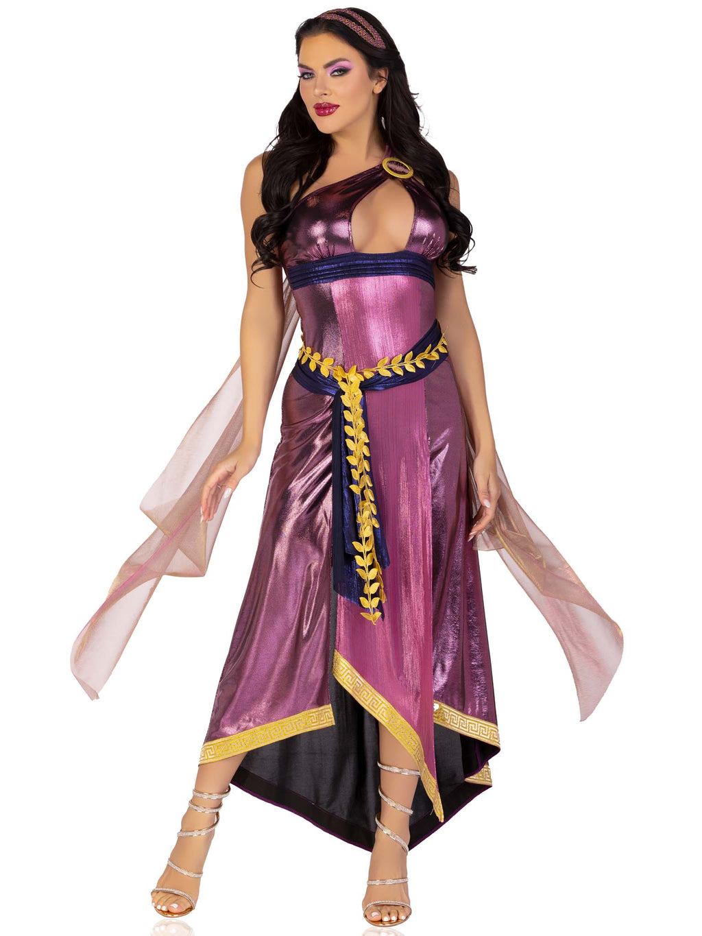 3 PC Amethyst Goddess, includes asymmetrical shimmer dress with one-shoulder buckle accent and ribbon trim, attached iridescent 