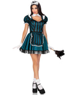 4 PC Victorian Maid, includes striped dress with jewel accent and built in petticoat, lace trimmed apron, collar, and head piece