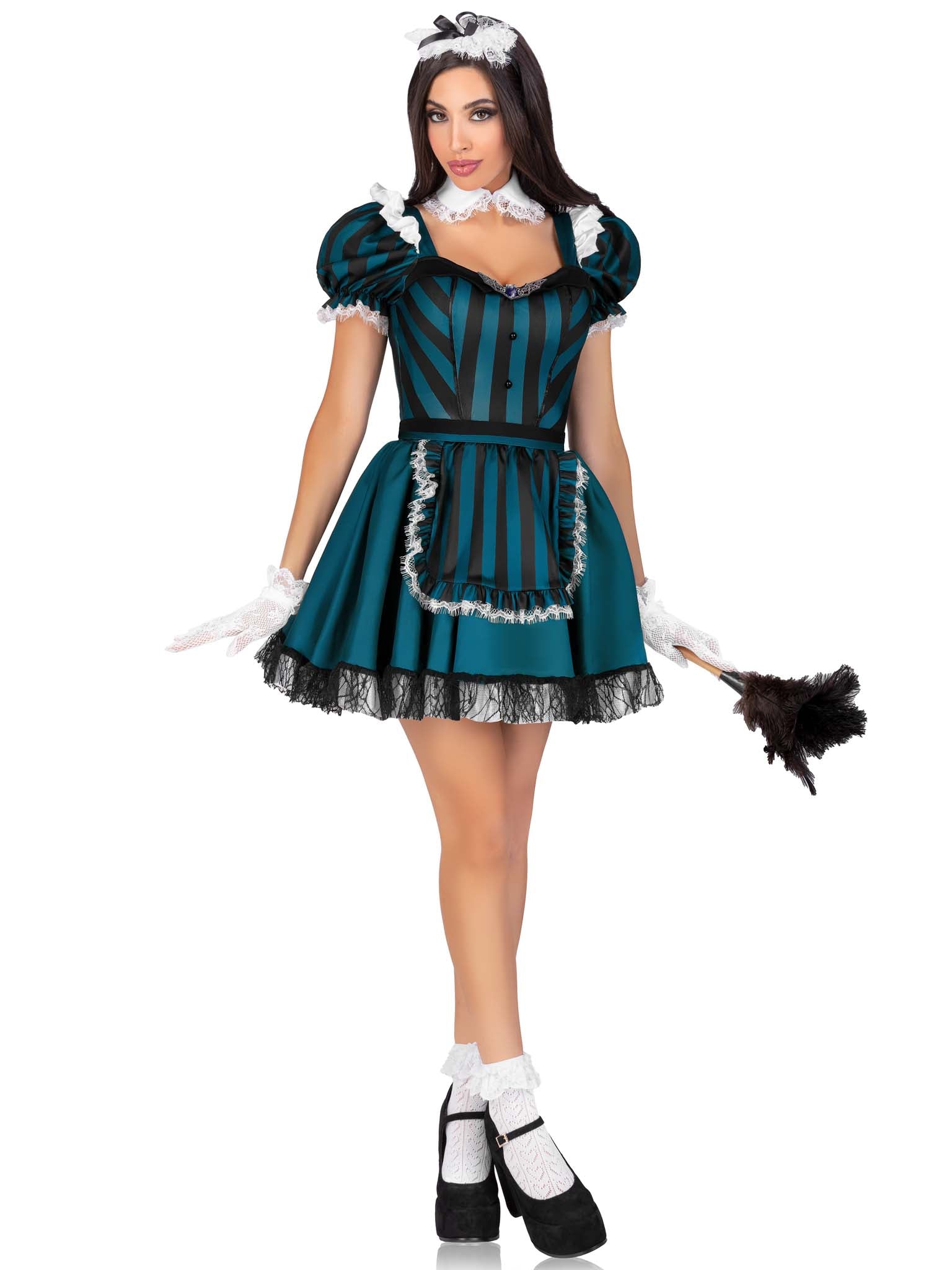 4 PC Victorian Maid, includes striped dress with jewel accent and built in petticoat, lace trimmed apron, collar, and head piece