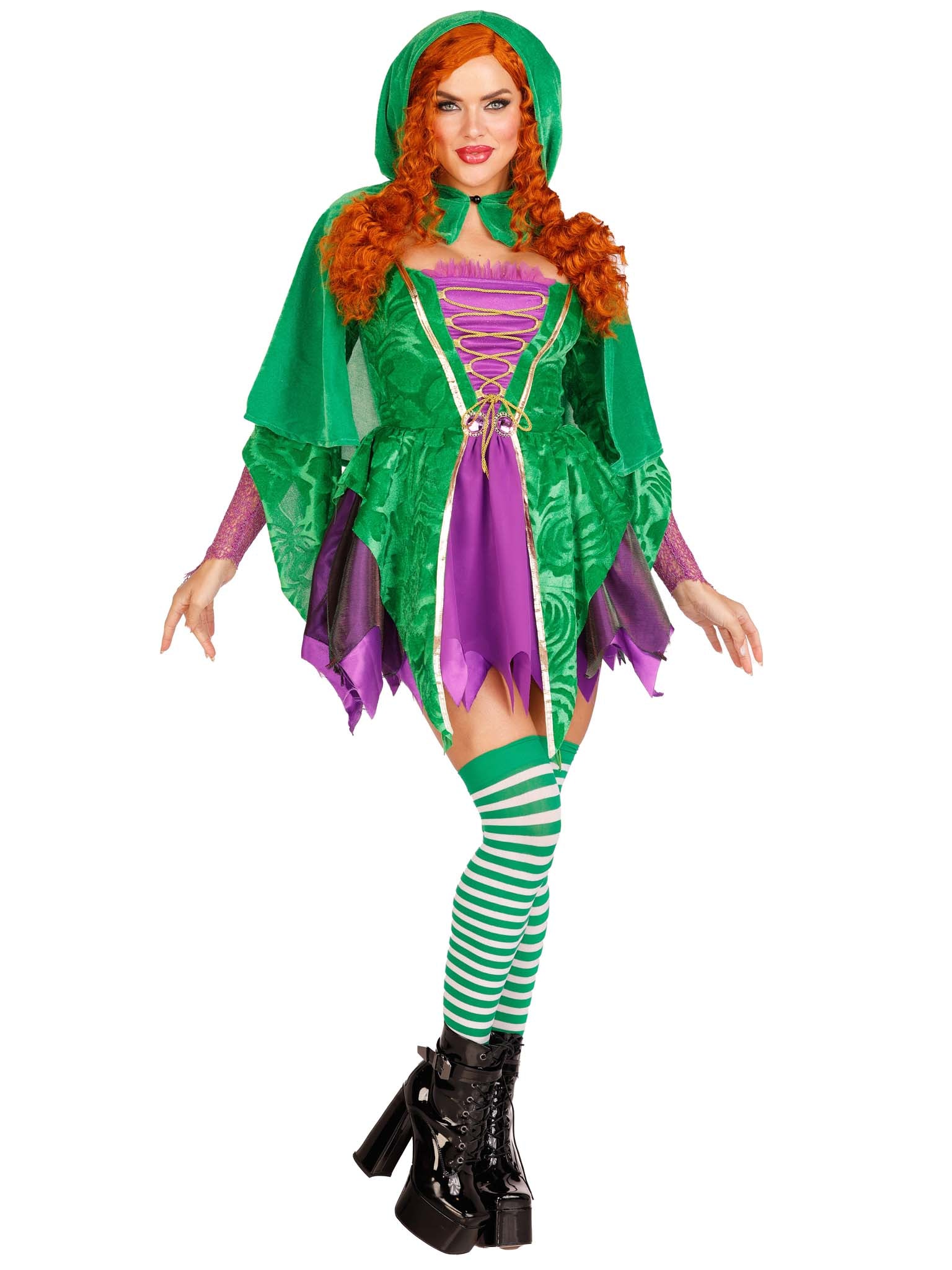 2 PC Crafty Spellcaster, includes velvet dress with iridescent tattered skirt and net gauntlet sleeve, lace up front and jewels 