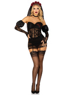 4 PC Heartbreak Bride, includes lace boned bodysuit with sheer garter skirt and glitter broken heart detail, puff lace gauntlet