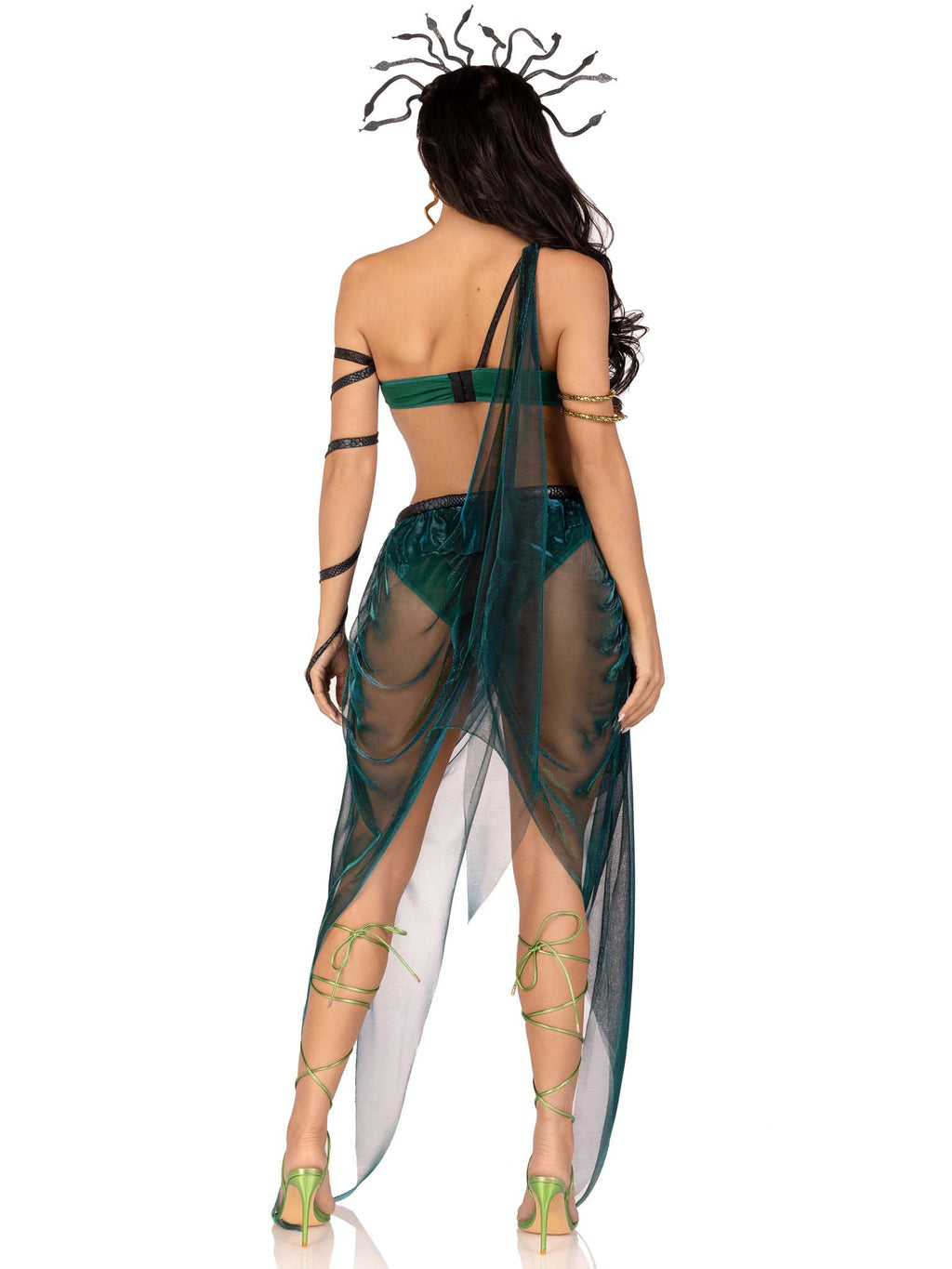 4 PC Medusa, includes iridescent asymmetrical bra top with stuffed snake accent, skirt with built in panty and snake waist, arm