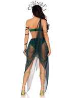 4 PC Medusa, includes iridescent asymmetrical bra top with stuffed snake accent, skirt with built in panty and snake waist, arm