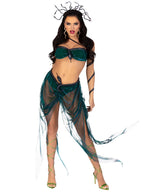 4 PC Medusa, includes iridescent asymmetrical bra top with stuffed snake accent, skirt with built in panty and snake waist, arm 