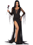 Spooky Beauty, features backless deep-v dress with sequin trim and ruched back, spiderweb gauntlet sleeves, and high slit tentac