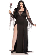 Spooky Beauty, features backless deep-v dress with sequin trim and ruched back, spiderweb gauntlet sleeves, and high slit tentac