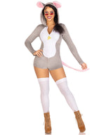 Comfy Mouse, features ultra-soft velvet plush zip up romper with cheese zipper pull, tail, and ear hood.