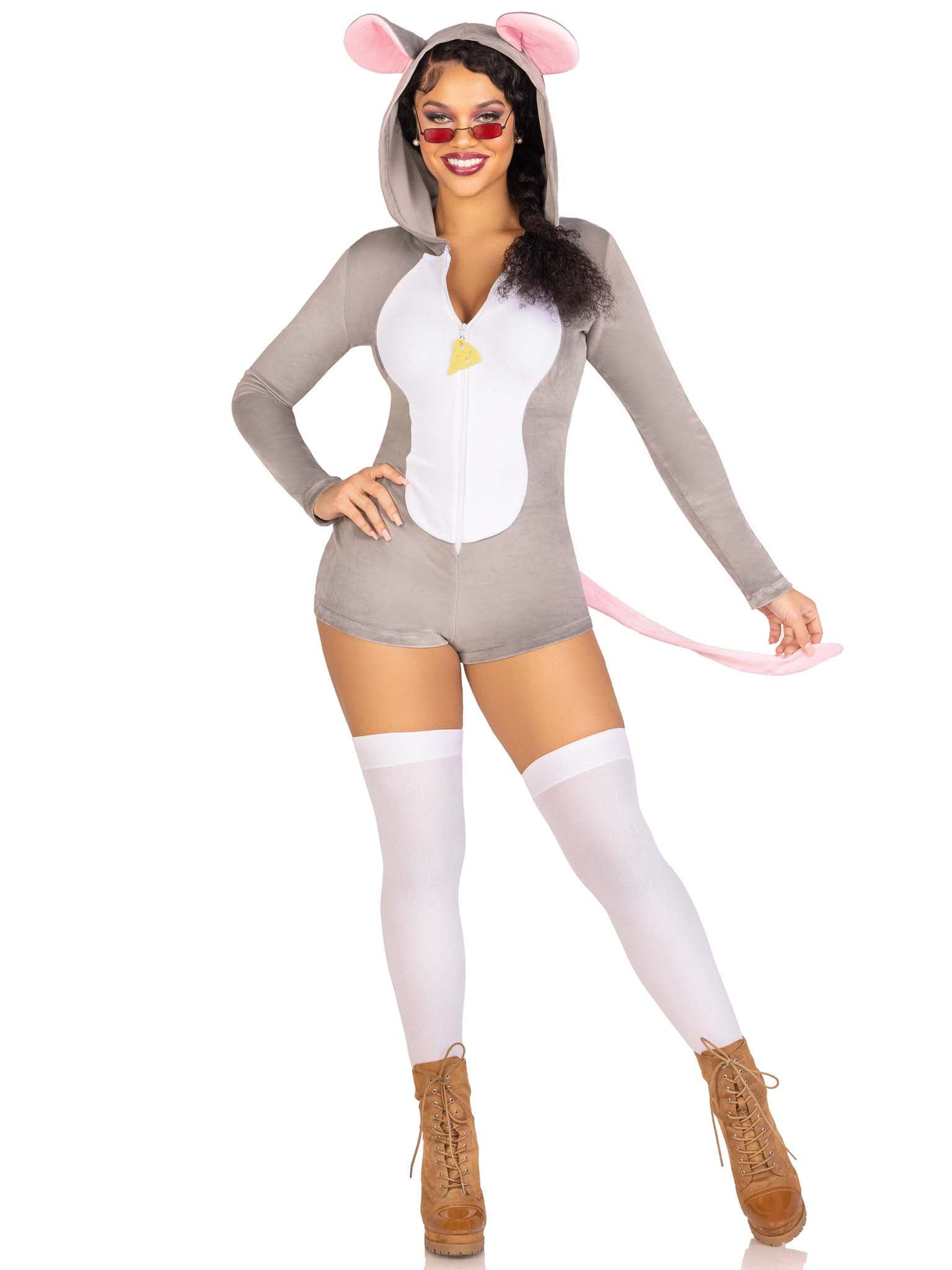 Comfy Mouse, features ultra-soft velvet plush zip up romper with cheese zipper pull, tail, and ear hood.