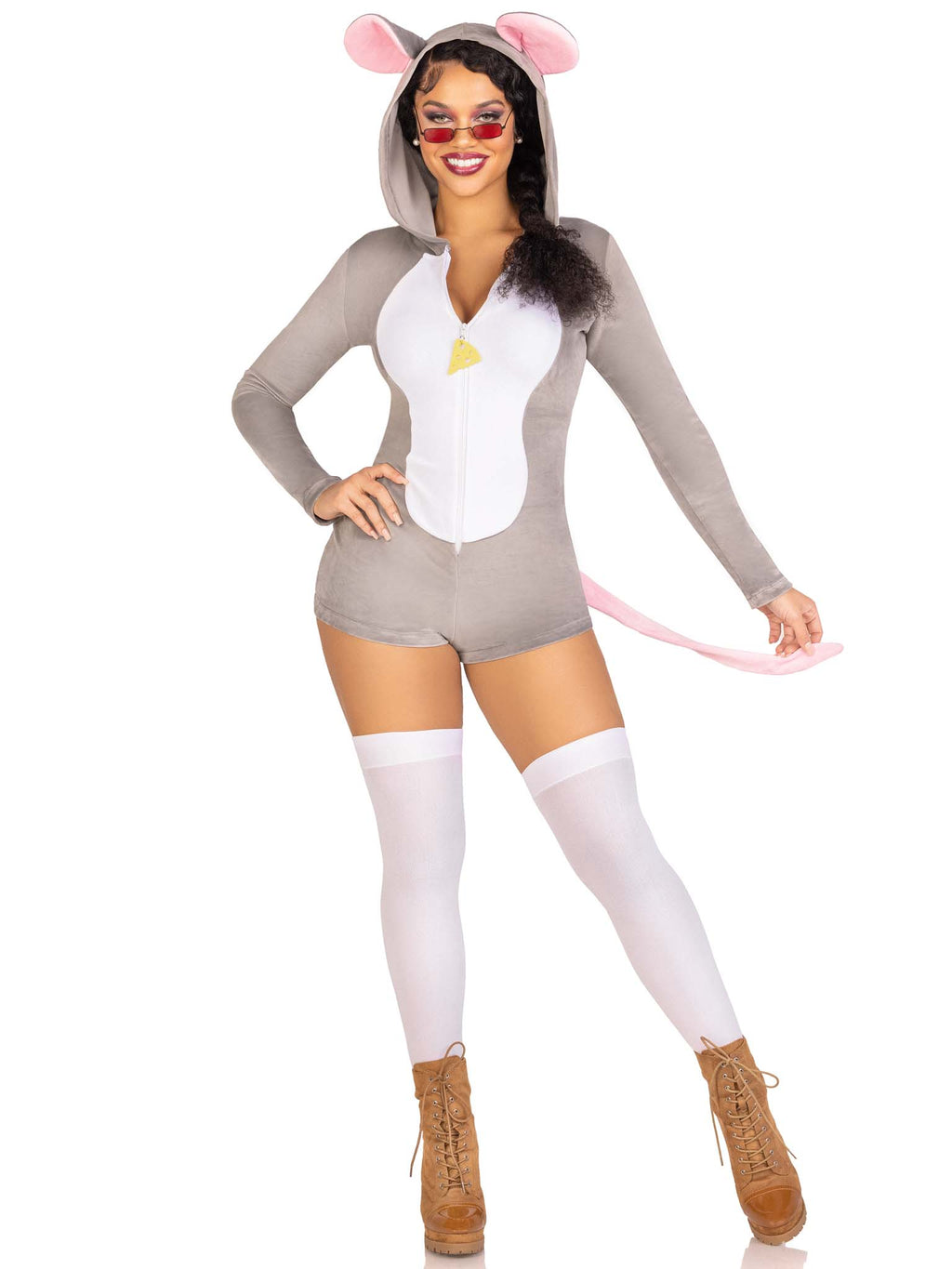 Comfy Mouse, features ultra-soft velvet plush zip up romper with cheese zipper pull, tail, and ear hood.
