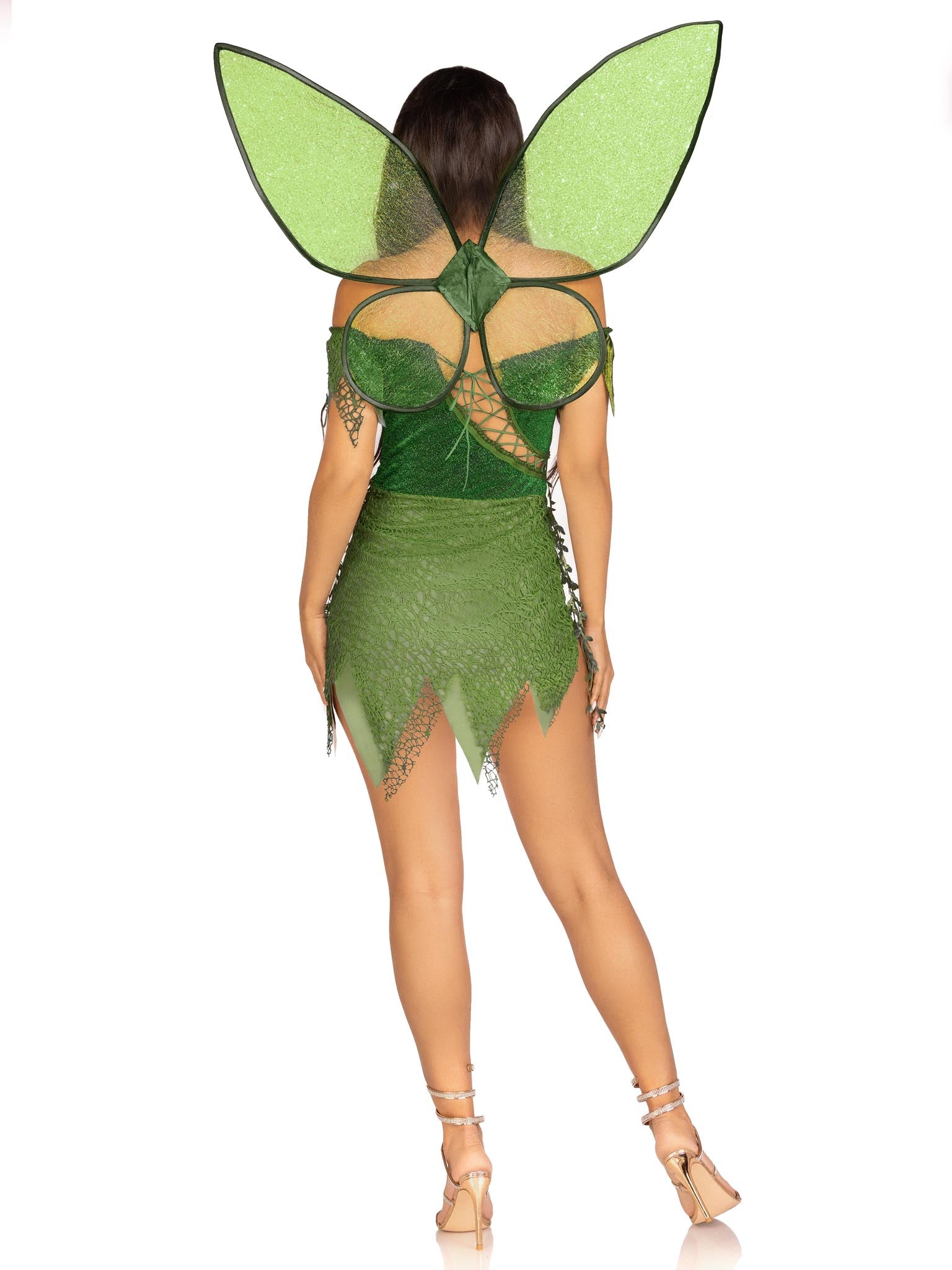 3 PC Forest Fairy, includes patchwork dress with adjustable lace ups and tattered skirt, leaf accents, detachable clear straps,