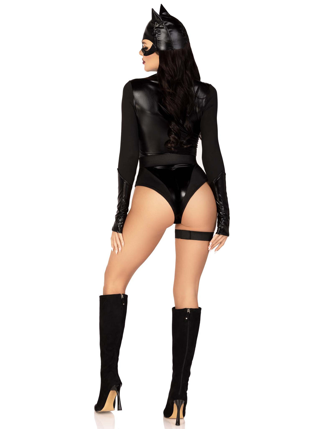 3 PC Fierce Feline, includes gloved snap crotch bodysuit, belt with attached garter, and cat ear skull cap.
