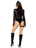 3 PC Fierce Feline, includes gloved snap crotch bodysuit, belt with attached garter, and cat ear skull cap.