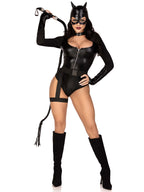 3 PC Fierce Feline, includes gloved snap crotch bodysuit, belt with attached garter, and cat ear skull cap.