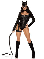 3 PC Fierce Feline, includes gloved snap crotch bodysuit, belt with attached garter, and cat ear skull cap.