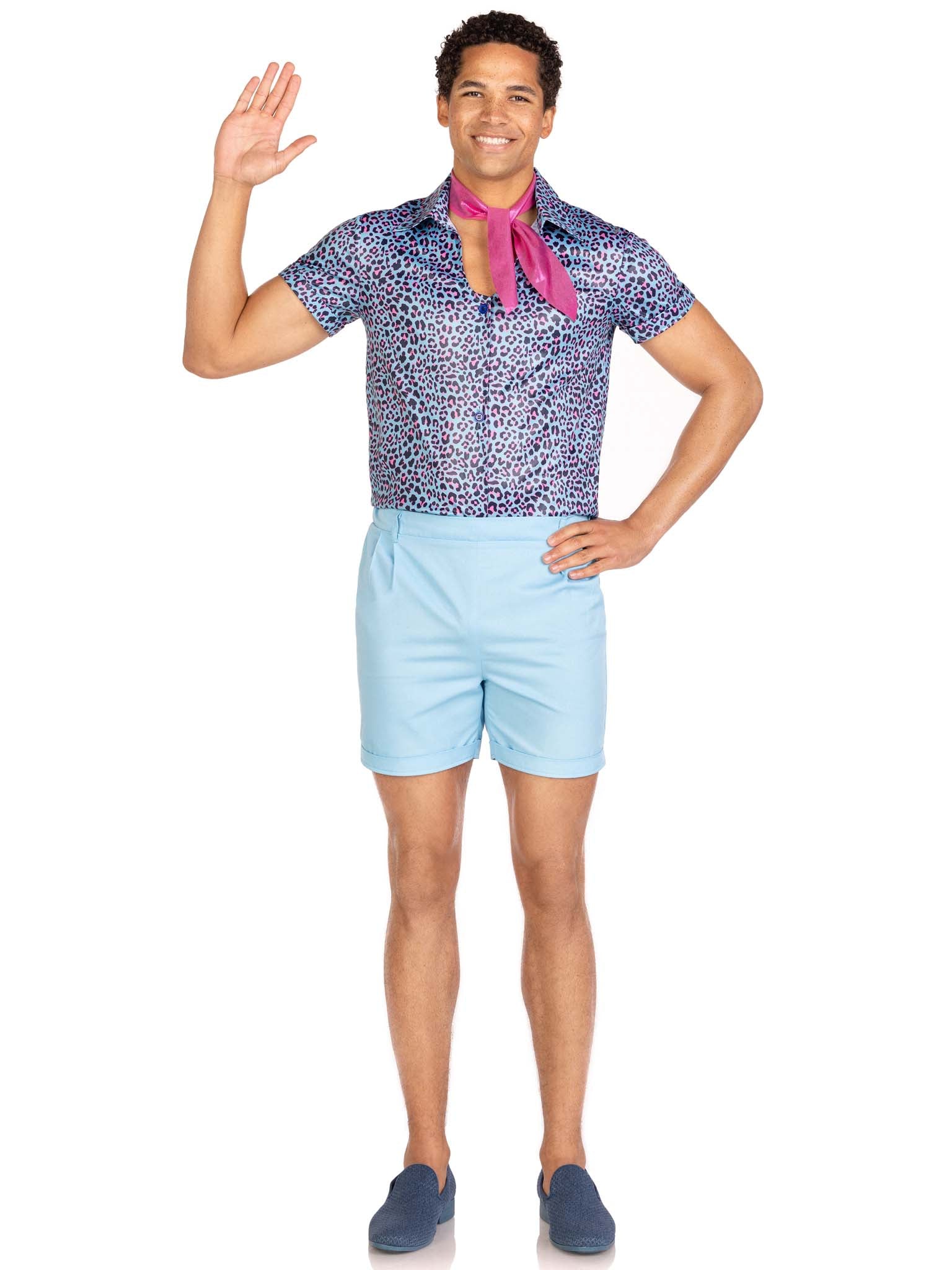 3 PC Mr Malibu, includes button up leopard print shirt, elastic waist shorts with pockets, and neck scarf.