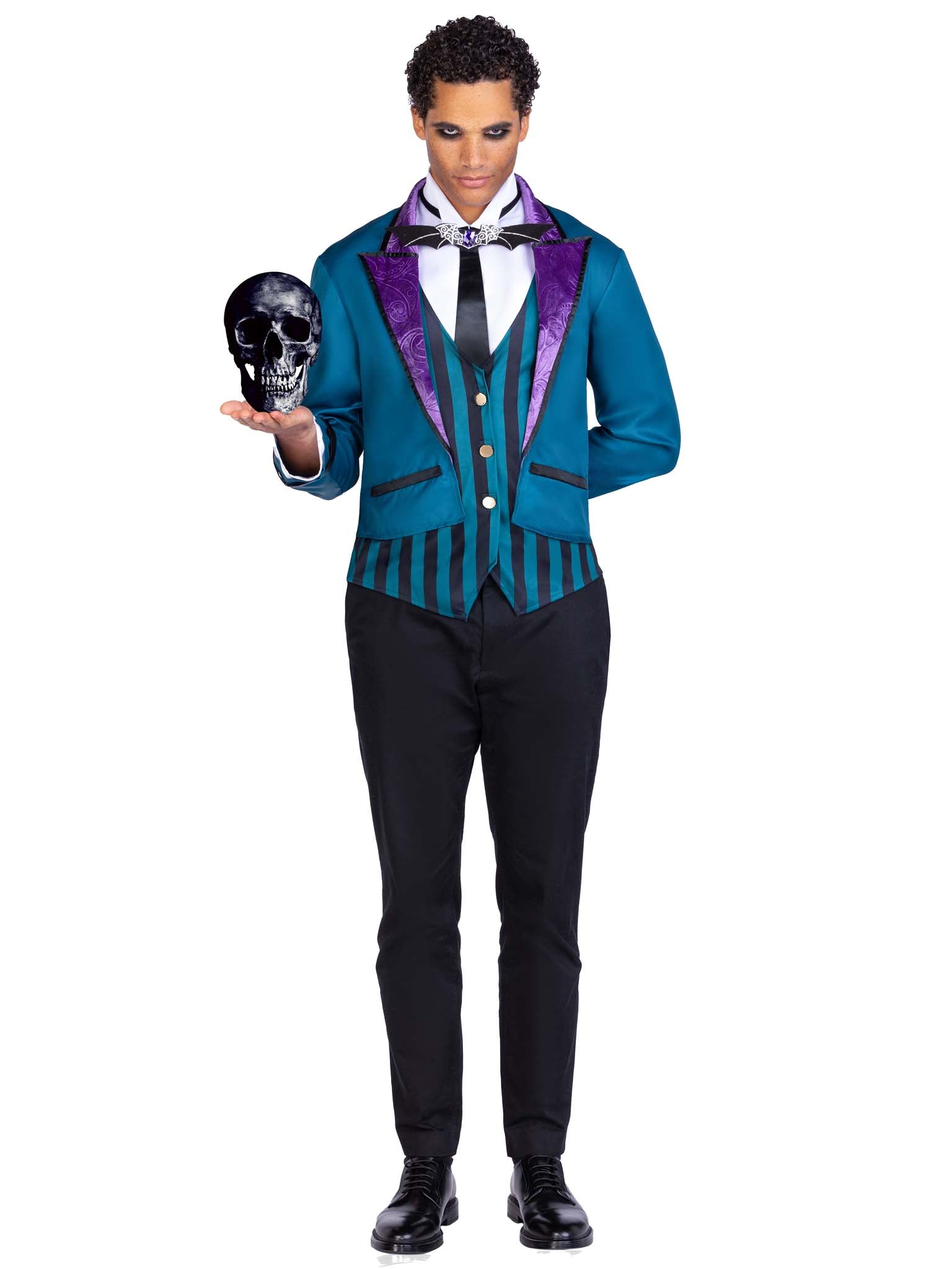 2 PC Victorian Butler, includes striped vest and jacket combo with velvet lapels and dickey with batwing bow tie.