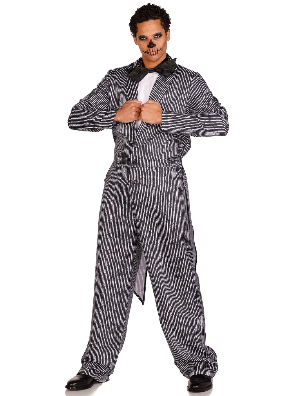 2 PC Pinstriped Tux Jumpsuit, includes one-piece button front jumpsuit and bow tie.