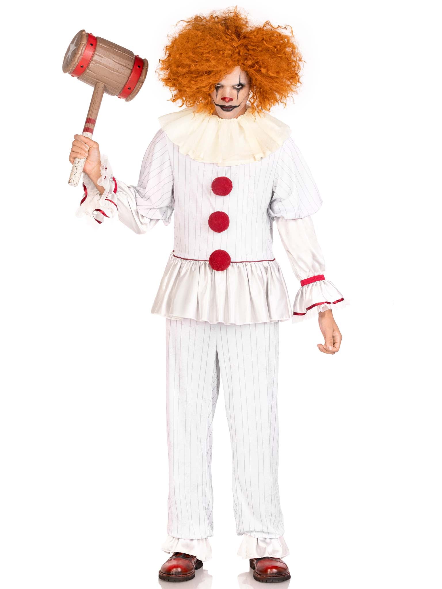 3 PC Killer Clown, includes striped shirt with pom pom accents, elastic waist pants, and neck ruffle.