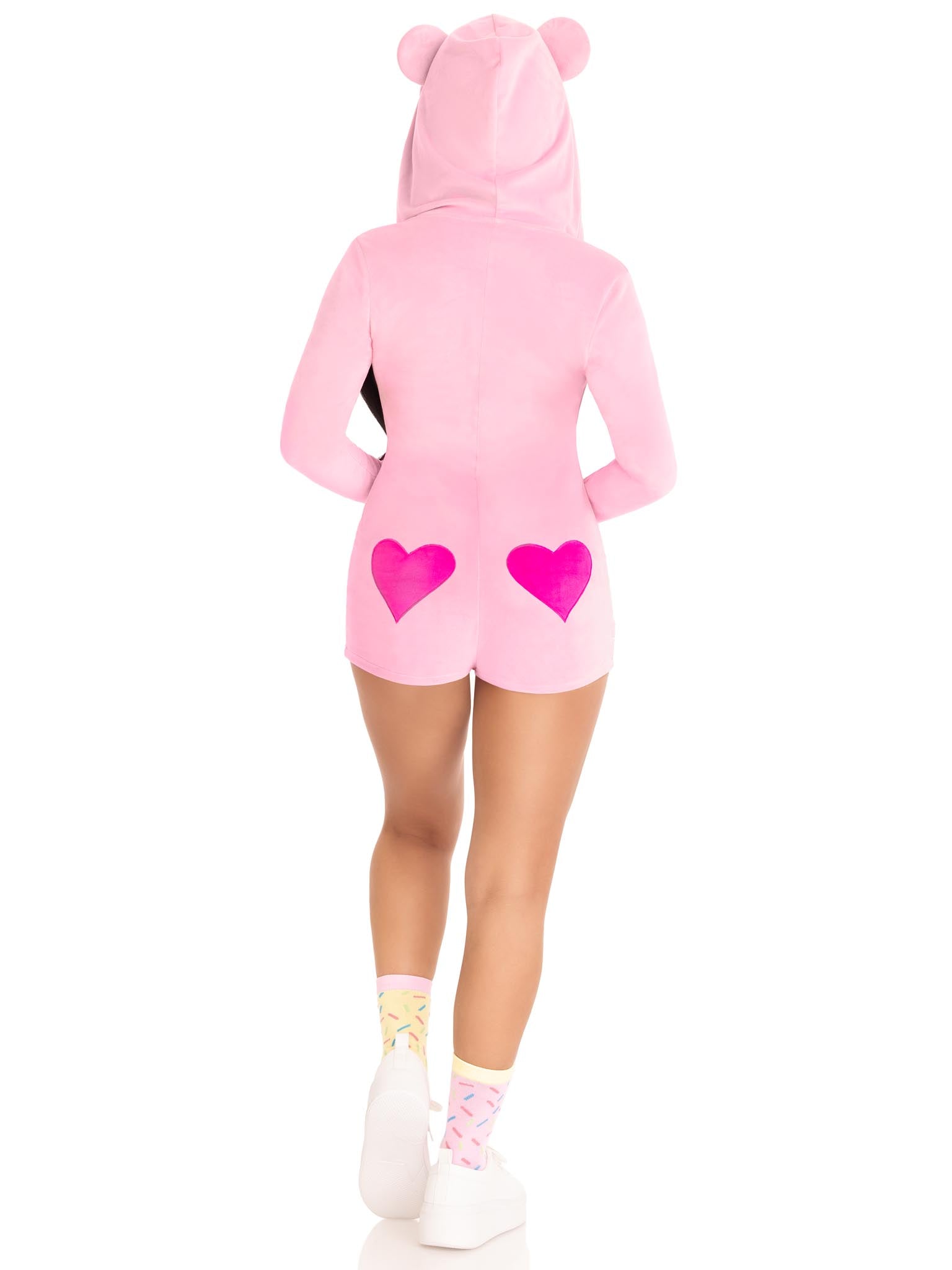 Sweetheart Bear, features ultra-soft velvet plush zip up romper with heart accents.