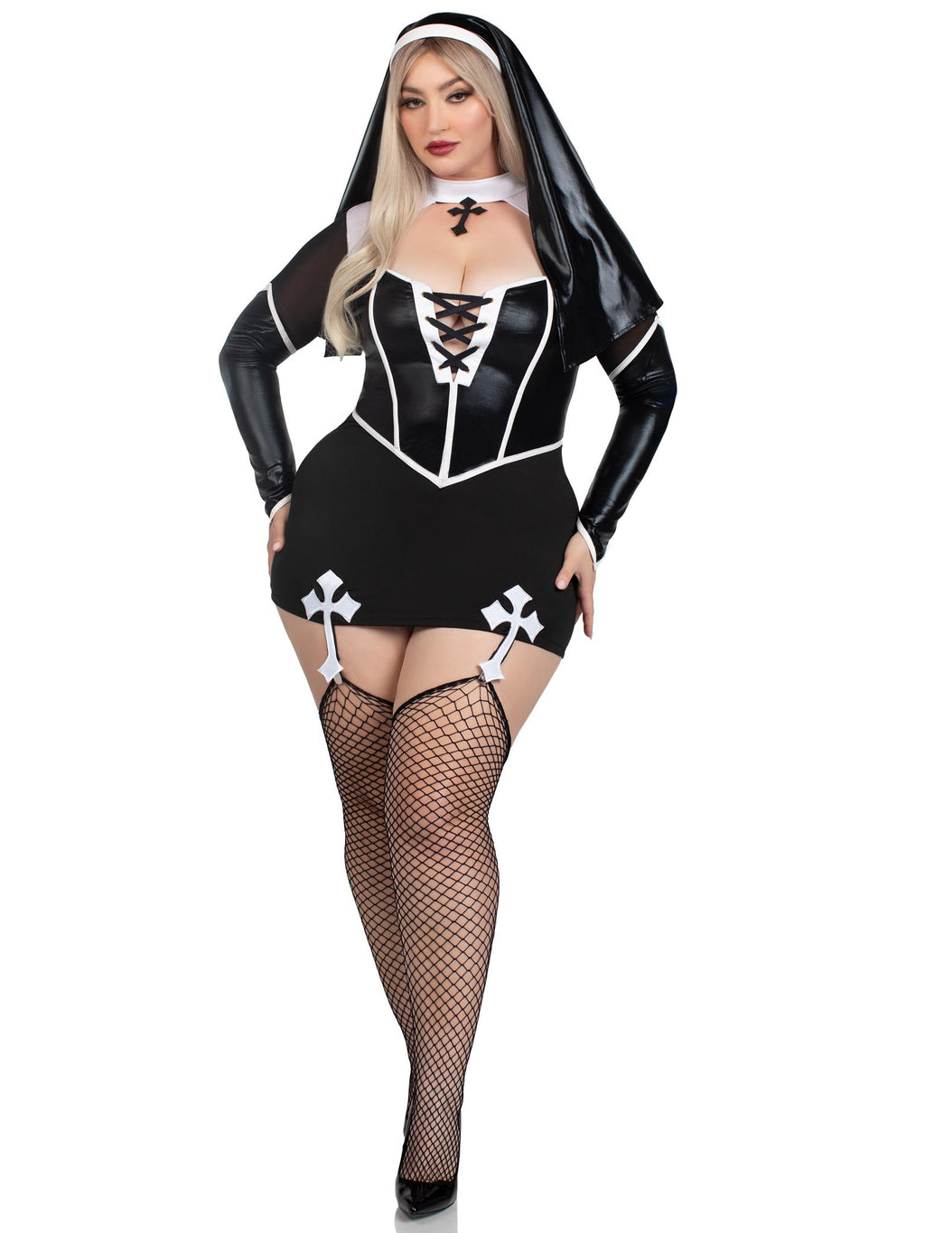 2 PC Holy Hottie, includes boned garter dress with cross accents and nun habit.