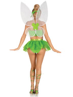 5 PC Rebel Fairy, includes shimmer boned crop top with detachable clear straps, panty with glitter petal skirt, iridescent wings