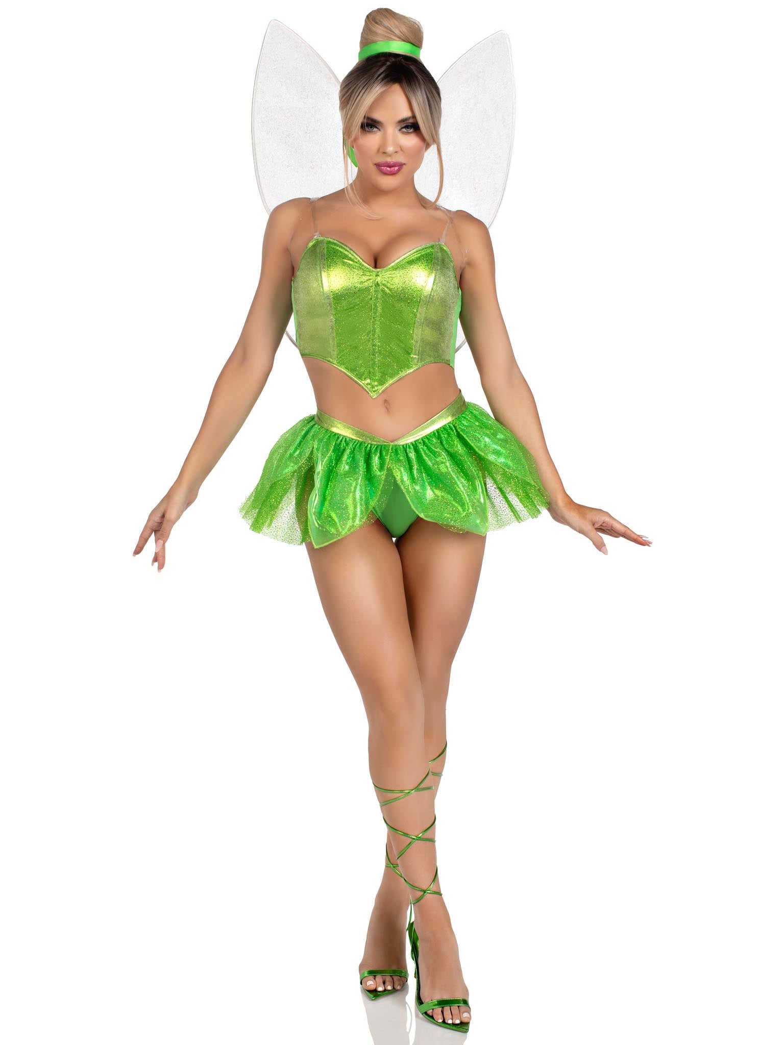 5 PC Rebel Fairy, includes shimmer boned crop top with detachable clear straps, panty with glitter petal skirt, iridescent wings