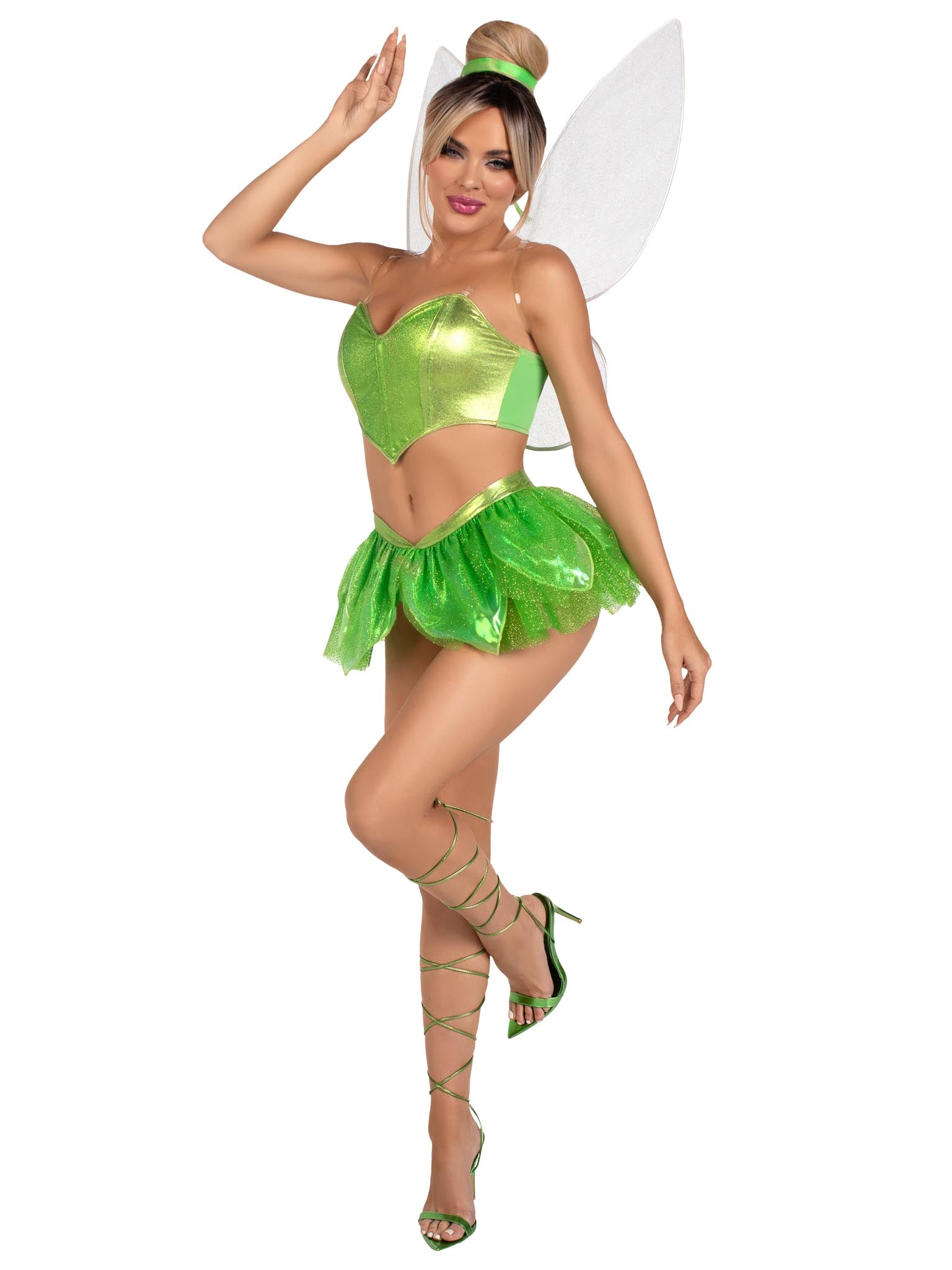 5 PC Rebel Fairy, includes shimmer boned crop top with detachable clear straps, panty with glitter petal skirt, iridescent wings