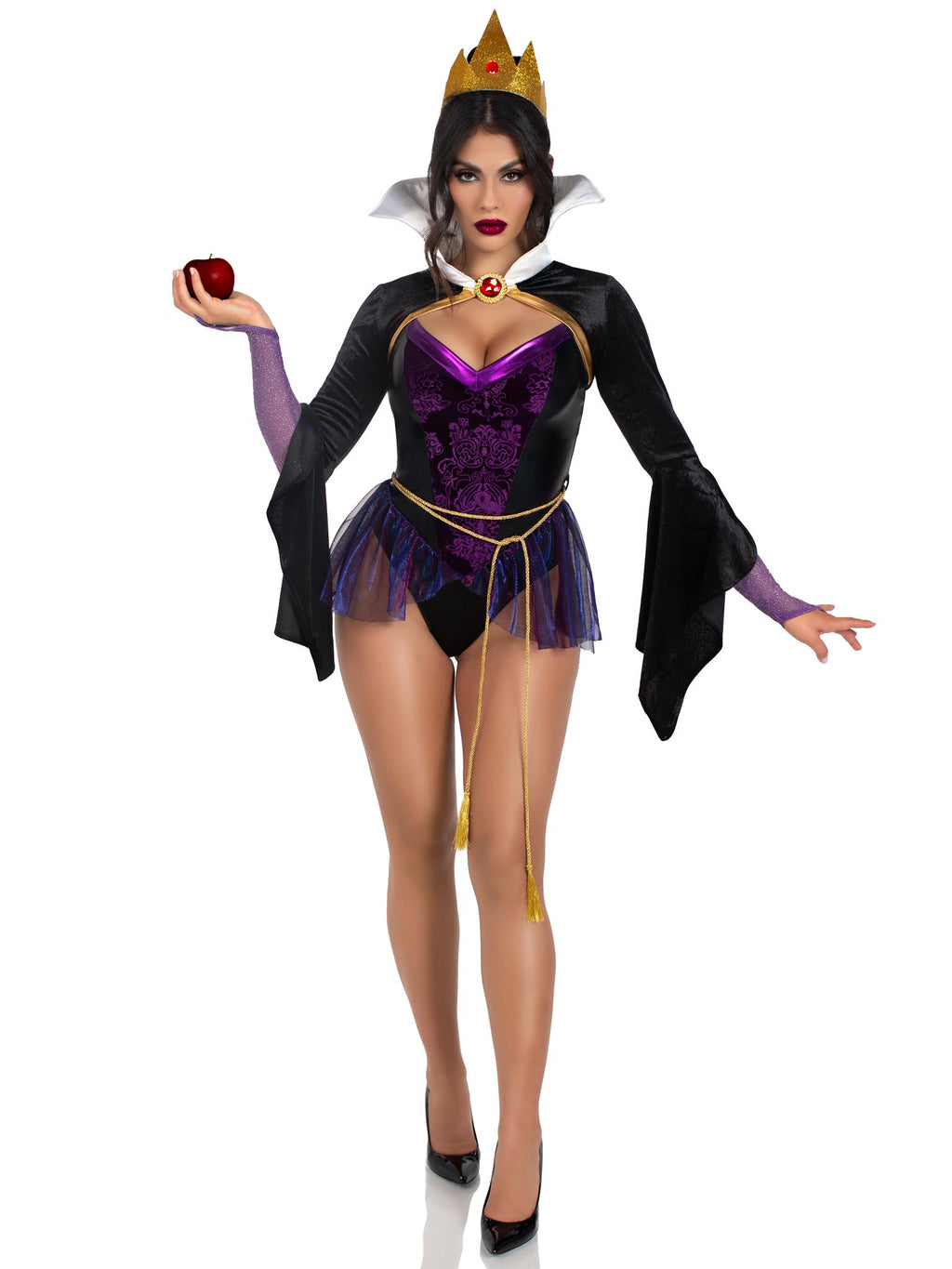 4 PC Poison Apple Queen, includes snap crotch bodysuit with velvet brocade detail and iridescent skirt, velvet shrug with jewel