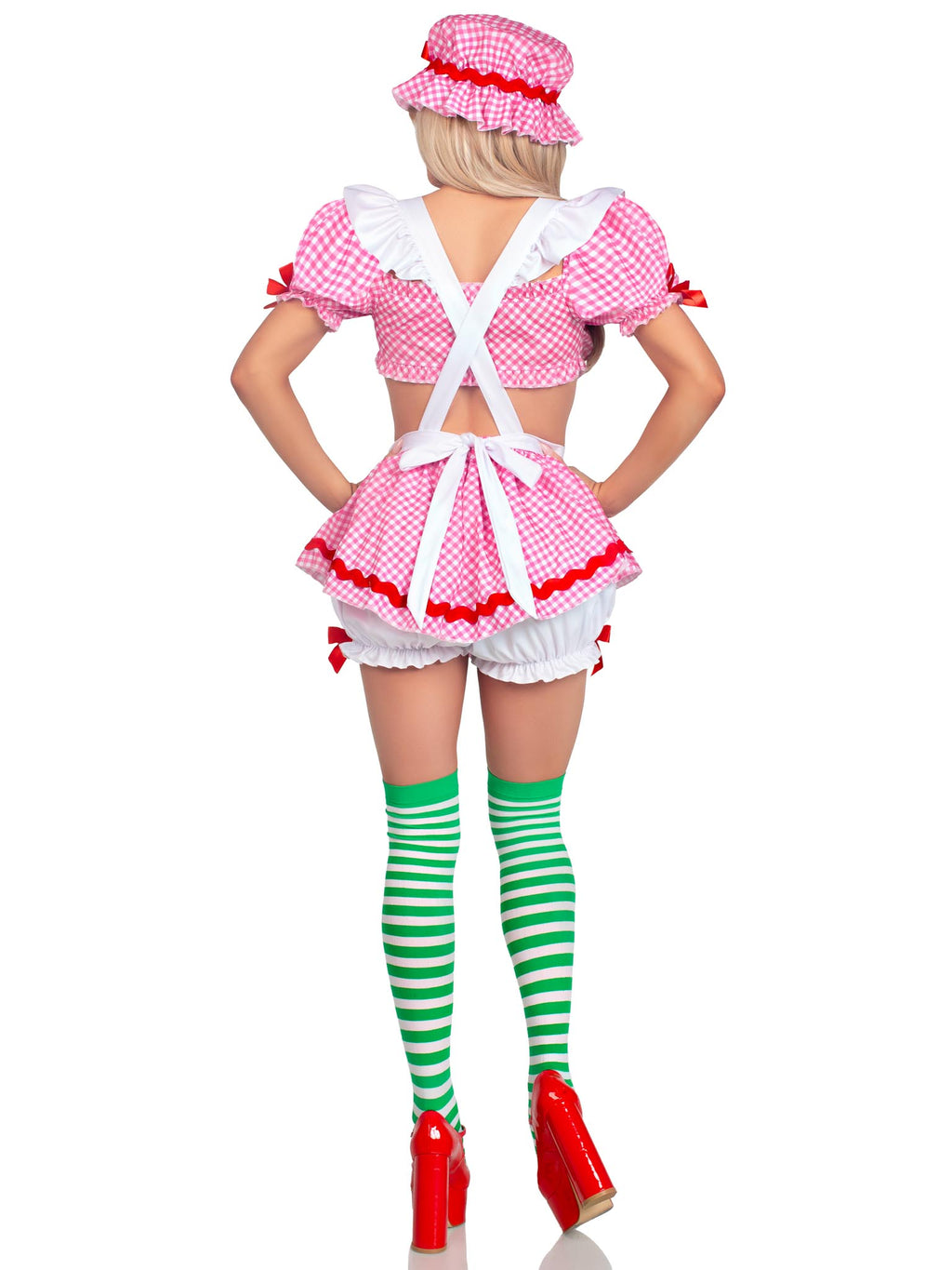 3 PC Berry Babe, includes gingham crop top, suspender skirt with attached bloomers, and bonnet.
