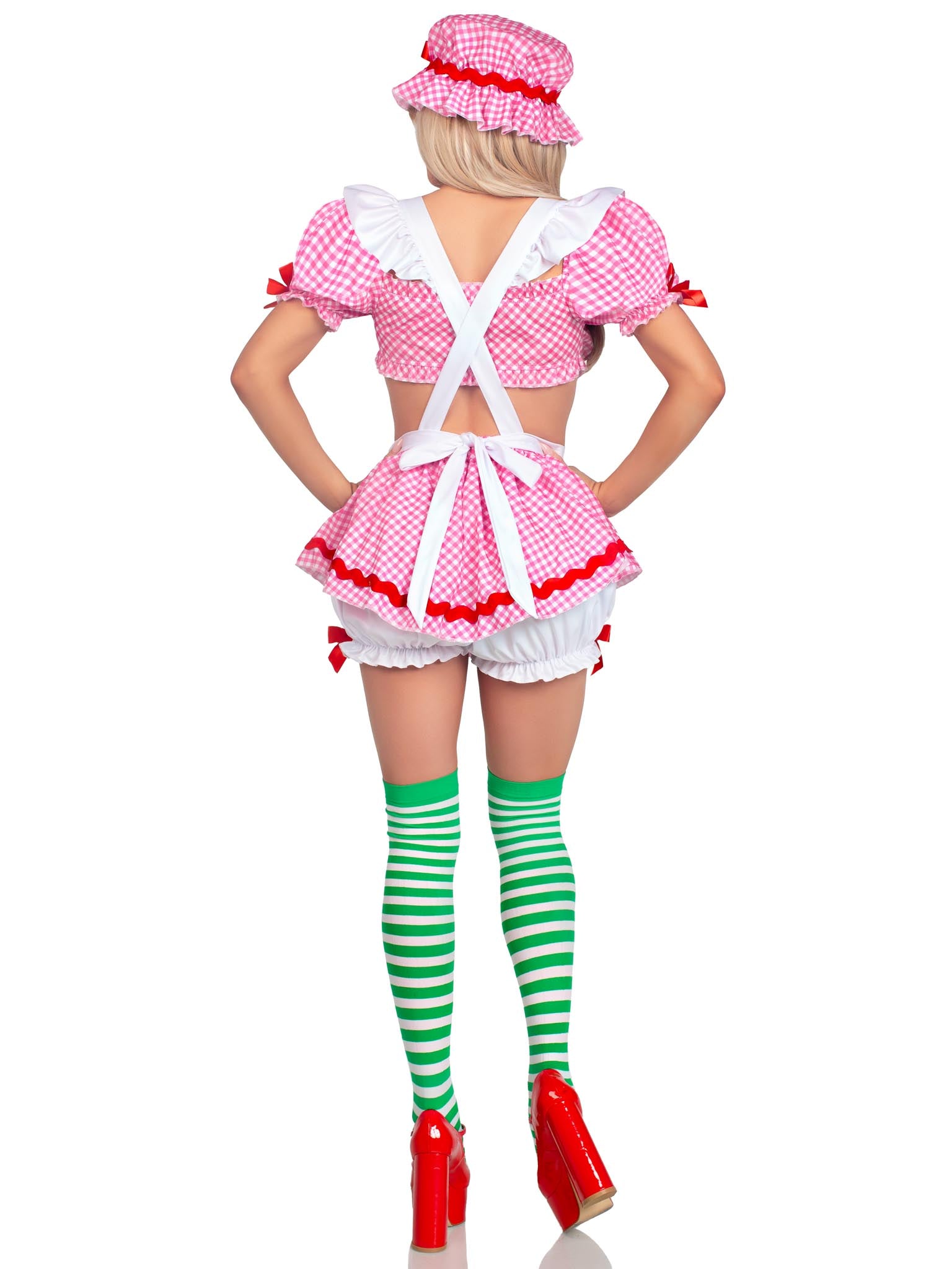 3 PC Berry Babe, includes gingham crop top, suspender skirt with attached bloomers, and bonnet.