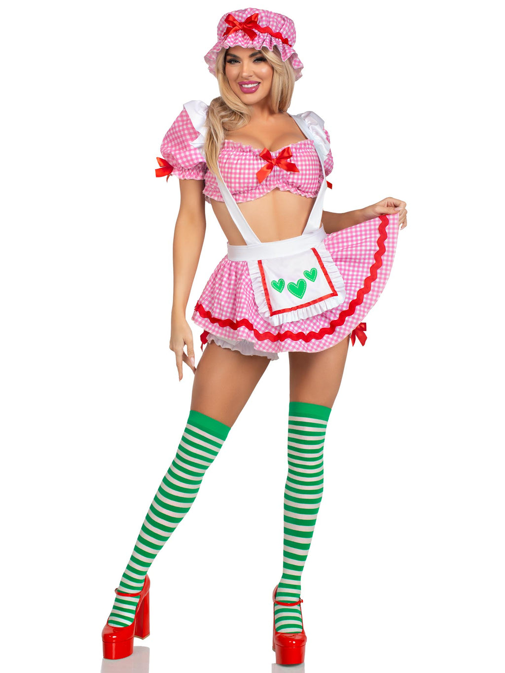 3 PC Berry Babe, includes gingham crop top, suspender skirt with attached bloomers, and bonnet.