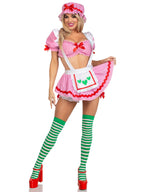 3 PC Berry Babe, includes gingham crop top, suspender skirt with attached bloomers, and bonnet.