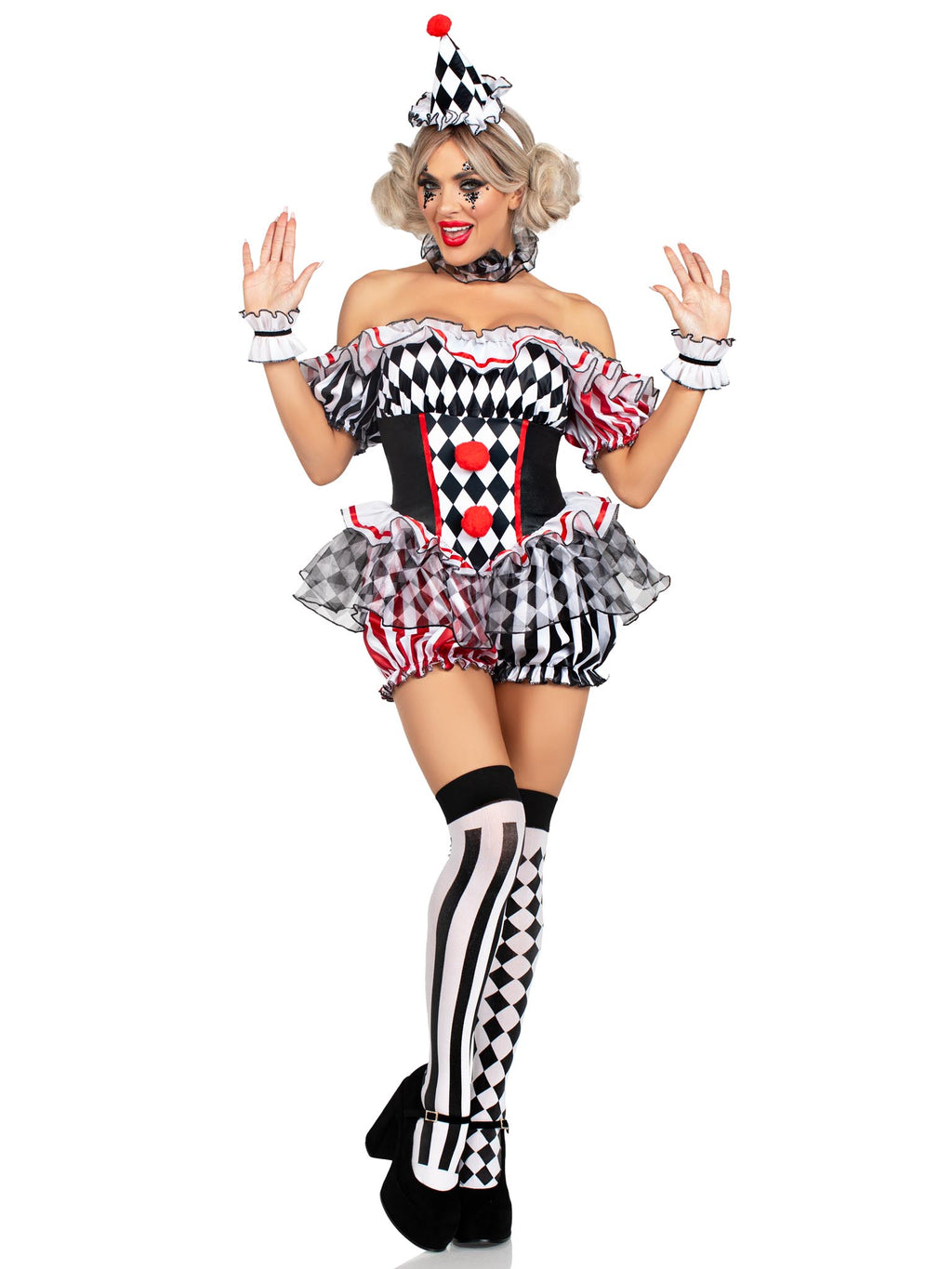 4 PC Darling Harlequin, includes ruffle trimmed bloomer romper with pom pom accents, wrist ruffles, neck ruffle, and hat headban