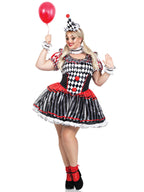 4 PC Darling Harlequin, includes ruffle trimmed dress with pom pom accents, wrist ruffles, neck ruffle, and hat headband.