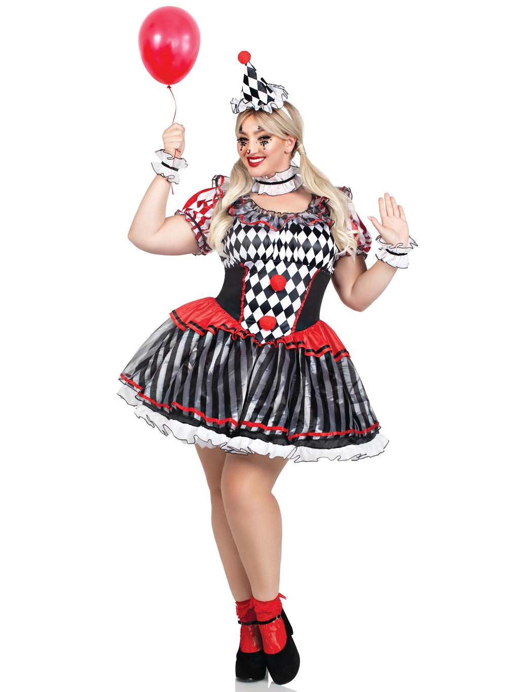 4 PC Darling Harlequin, includes ruffle trimmed dress with pom pom accents, wrist ruffles, neck ruffle, and hat headband.