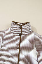 Brown Stripe Quilted Wavy Hem Snap Button Plus Size Vest